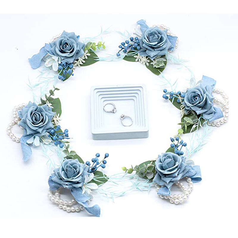Yannew Dusty Blue Vestuvių riešo korsažas Boutonniere nuotakos pamergės jaunikiui išleistuvių vakarėliui Gėlėtos apyrankės, grįžtančios namo