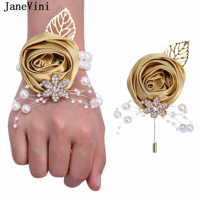 JaneVini Broche Flor Crystal Pearl Groom Boutonniere Сватбен златен костюм Цветя Розов корсаж Buttonhole Pin Сатенена роза Мъжка брошка