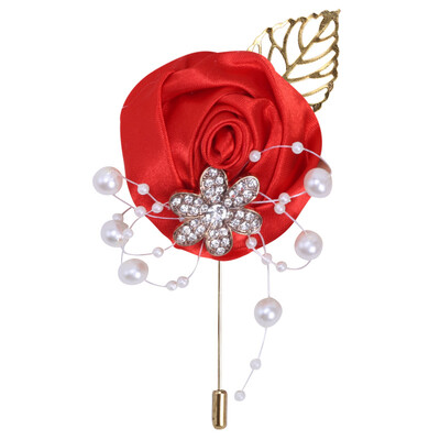 JaneVini Broche Flor Crystal Pearl Groom Boutonniere Сватбен златен костюм Цветя Розов корсаж Buttonhole Pin Сатенена роза Мъжка брошка