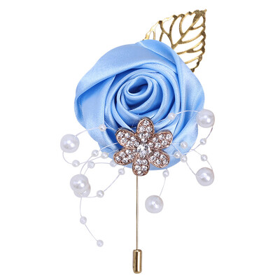 JaneVini Broche Flor Crystal Pearl Groom Boutonniere Сватбен златен костюм Цветя Розов корсаж Buttonhole Pin Сатенена роза Мъжка брошка