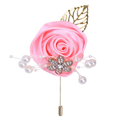 JaneVini Broche Flor Crystal Pearl Groom Boutonniere Сватбен златен костюм Цветя Розов корсаж Buttonhole Pin Сатенена роза Мъжка брошка