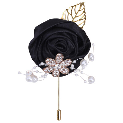 JaneVini Broche Flor Crystal Pearl Groom Boutonniere Сватбен златен костюм Цветя Розов корсаж Buttonhole Pin Сатенена роза Мъжка брошка