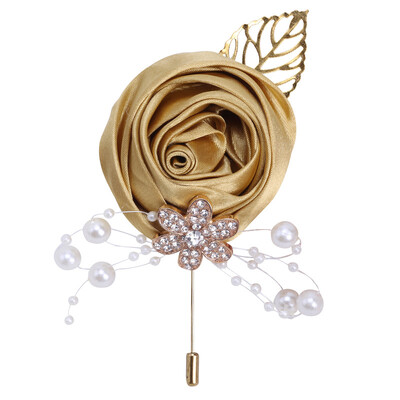 JaneVini Broche Flor Crystal Pearl Groom Boutonniere Сватбен златен костюм Цветя Розов корсаж Buttonhole Pin Сатенена роза Мъжка брошка