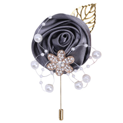 JaneVini Broche Flor Crystal Pearl Groom Boutonniere Сватбен златен костюм Цветя Розов корсаж Buttonhole Pin Сатенена роза Мъжка брошка
