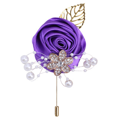 JaneVini Broche Flor Crystal Pearl Groom Boutonniere Сватбен златен костюм Цветя Розов корсаж Buttonhole Pin Сатенена роза Мъжка брошка