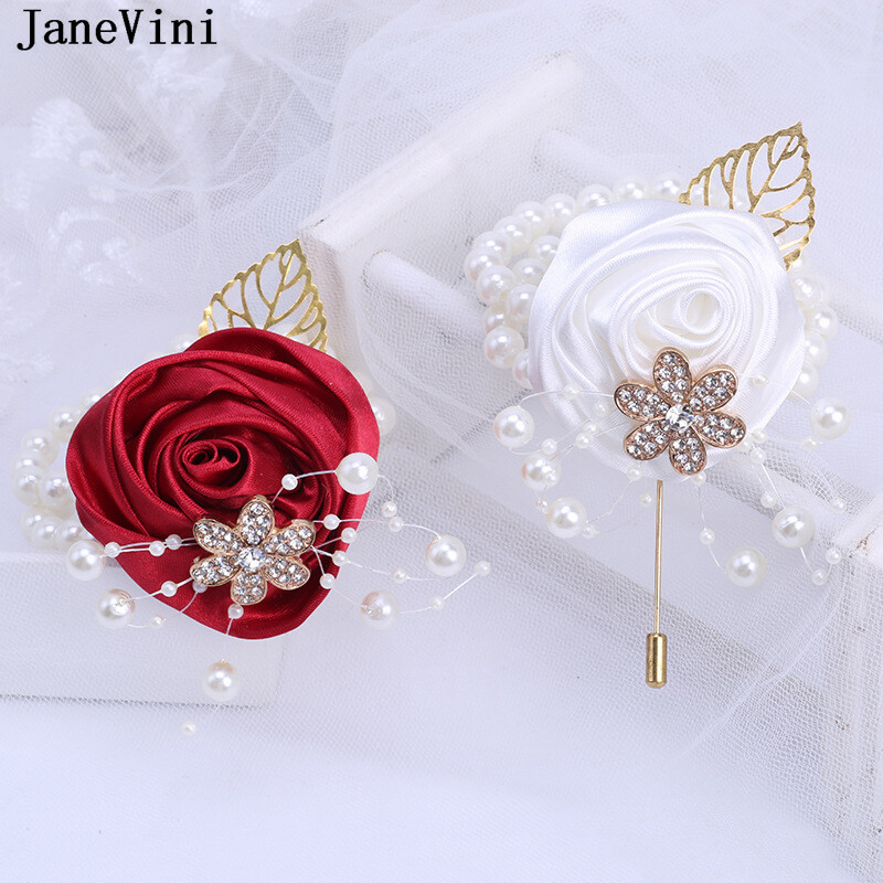 JaneVini Broche Flor Crystal Pearl Groom Boutonniere Сватбен златен костюм Цветя Розов корсаж Buttonhole Pin Сатенена роза Мъжка брошка