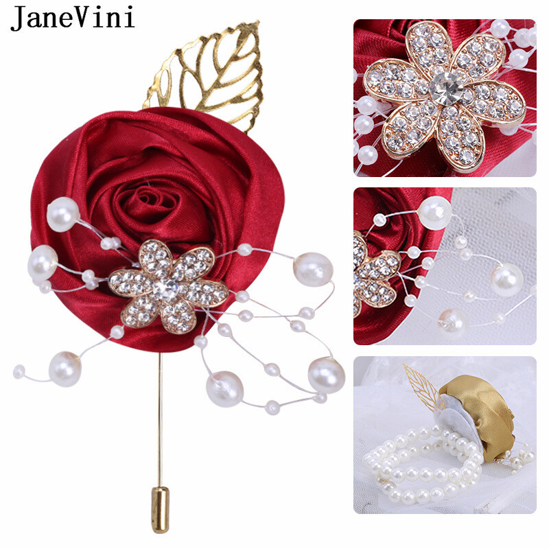 JaneVini Broche Flor Crystal Pearl Groom Boutonniere Сватбен златен костюм Цветя Розов корсаж Buttonhole Pin Сатенена роза Мъжка брошка