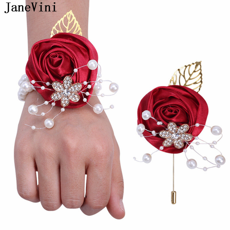 JaneVini Broche Flor Crystal Pearl Groom Boutonniere Сватбен златен костюм Цветя Розов корсаж Buttonhole Pin Сатенена роза Мъжка брошка