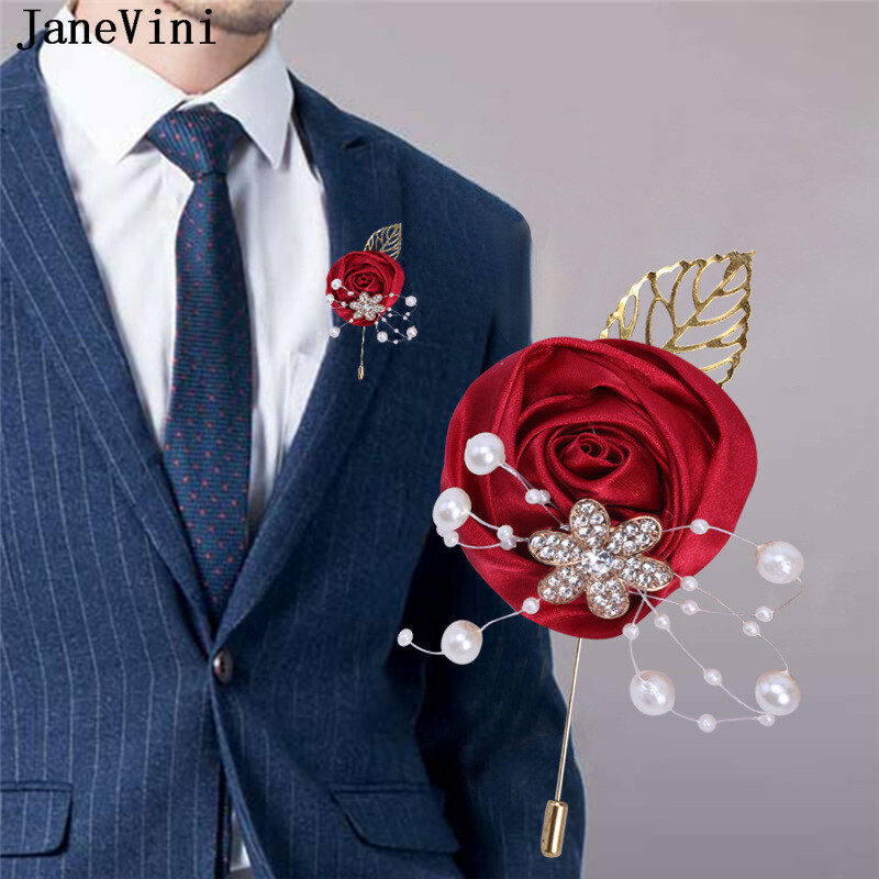 JaneVini Broche Flor Crystal Pearl Groom Boutonniere Сватбен златен костюм Цветя Розов корсаж Buttonhole Pin Сатенена роза Мъжка брошка