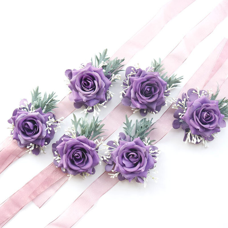 Vjenčanje Ljubičasta Boutonniere Svilene ruže Corsage Zapešće Narukvica za djeveruše Cvijeće Mladoženja Odijelo s rupicama Broche accesorios de boda