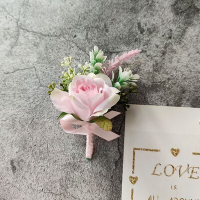 Jaunikio korsažas Vestuvių Boutonniere Rožinė Rožė Sagė Gėlės Šilkiniai Atvartai Sagos Smeigtukas Svečiams Santuokos aksesuarai