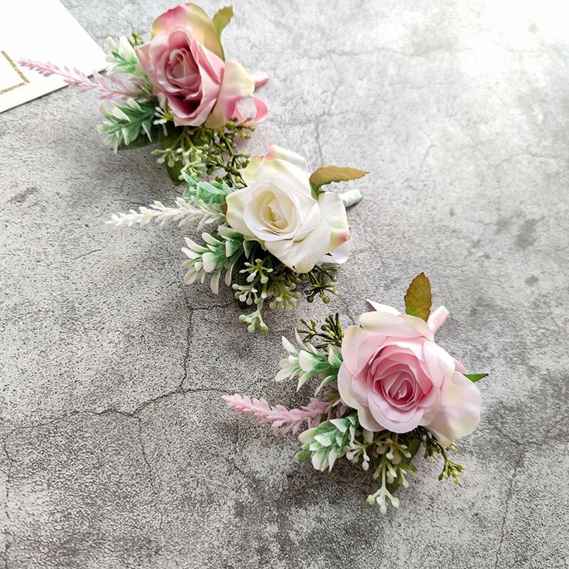 Jaunikio korsažas Vestuvių Boutonniere Rožinė Rožė Sagė Gėlės Šilkiniai Atvartai Sagos Smeigtukas Svečiams Santuokos aksesuarai