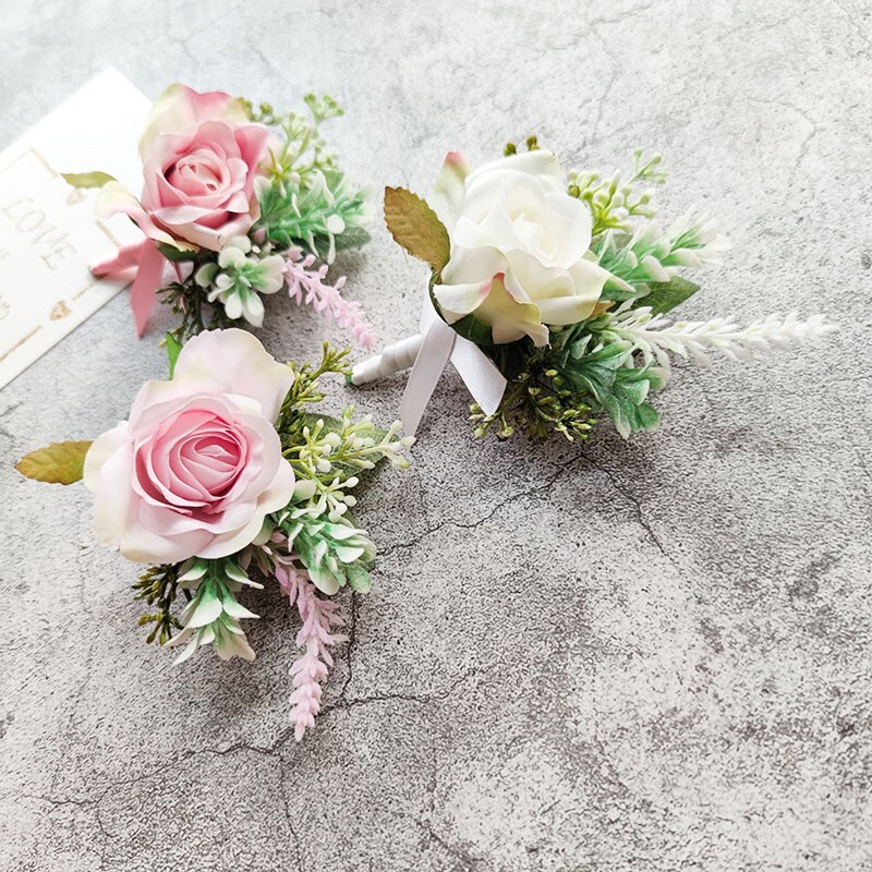 Jaunikio korsažas Vestuvių Boutonniere Rožinė Rožė Sagė Gėlės Šilkiniai Atvartai Sagos Smeigtukas Svečiams Santuokos aksesuarai