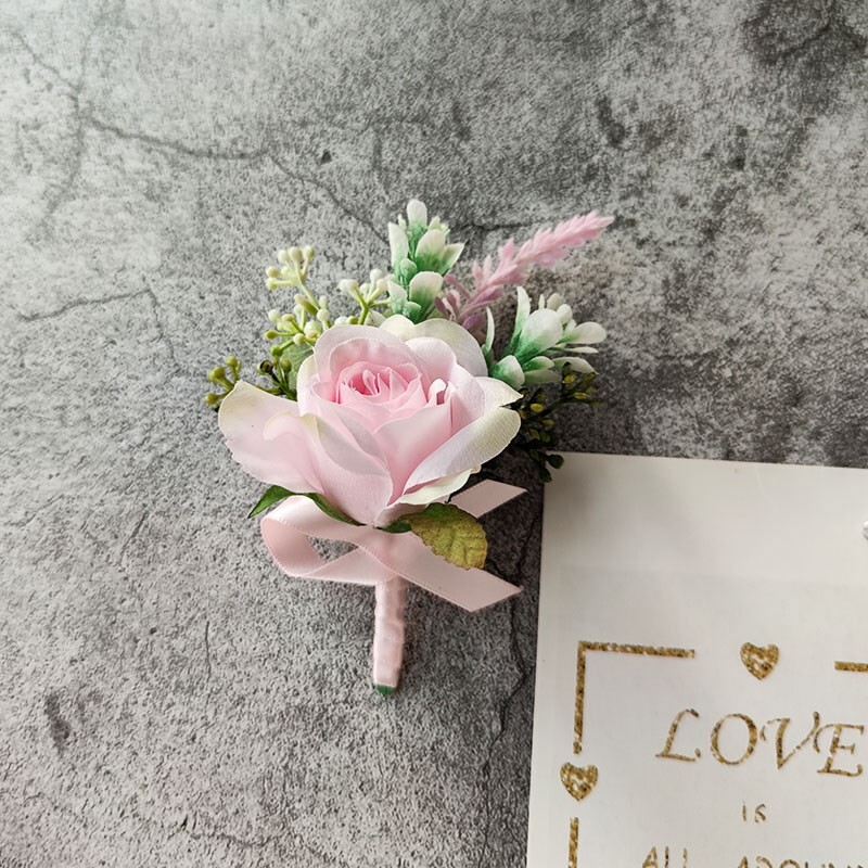 Jaunikio korsažas Vestuvių Boutonniere Rožinė Rožė Sagė Gėlės Šilkiniai Atvartai Sagos Smeigtukas Svečiams Santuokos aksesuarai