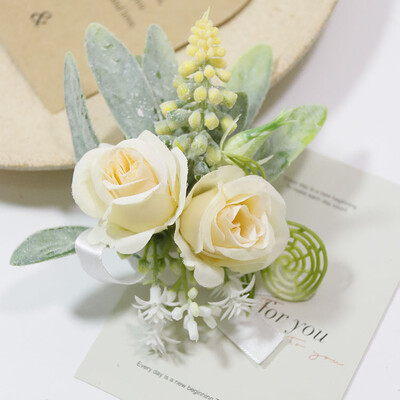 Silk Rose Boutonniere for Man Pins Dirbtinis korsažas vestuvių vakarėliui Apyrankė Bridesmaid Buttonhole Marriage akcesoria ślubne