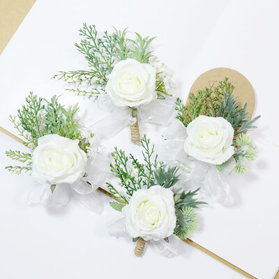 White Rose Boutonniere vestuvėms vyrams Smeigtukai Gėlės Korsažas Dirbtinė apyrankė Pamergės sagos aksesuarai Mariage