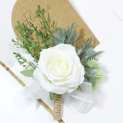 White Rose Boutonniere vestuvėms vyrams Smeigtukai Gėlės Korsažas Dirbtinė apyrankė Pamergės sagos aksesuarai Mariage