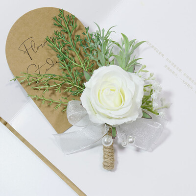 White Rose Boutonniere vestuvėms vyrams Smeigtukai Gėlės Korsažas Dirbtinė apyrankė Pamergės sagos aksesuarai Mariage