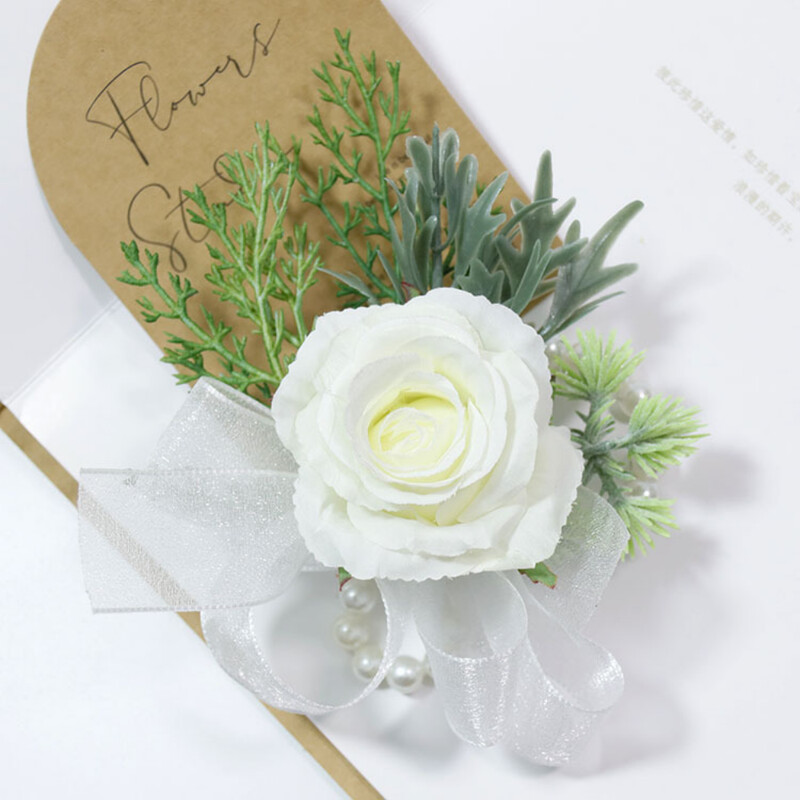 White Rose Boutonniere vestuvėms vyrams Smeigtukai Gėlės Korsažas Dirbtinė apyrankė Pamergės sagos aksesuarai Mariage