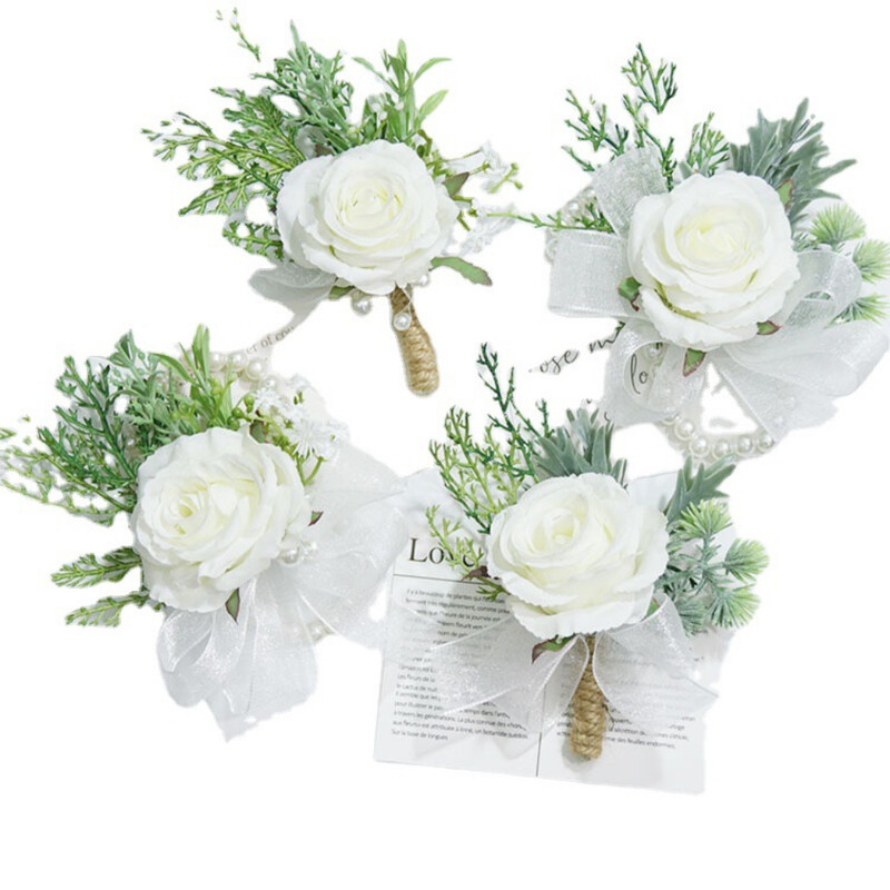 White Rose Boutonniere vestuvėms vyrams Smeigtukai Gėlės Korsažas Dirbtinė apyrankė Pamergės sagos aksesuarai Mariage