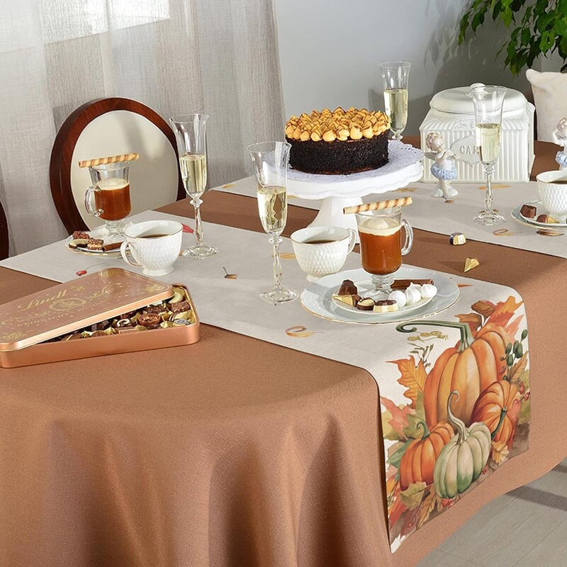 Rudens moliūgų klevo lapų lininiai stalo bėgikai Sezoniniai nukritę lapai komodos skara Stalo dekoras Šventinis vakarėlis valgomojo stalo dekoras