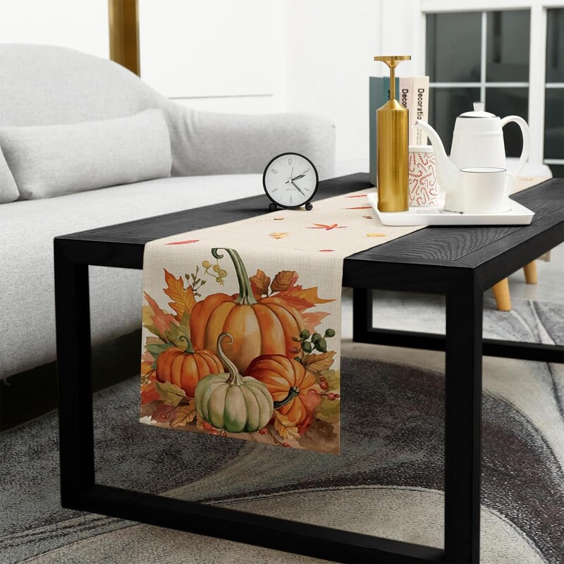 Rudens moliūgų klevo lapų lininiai stalo bėgikai Sezoniniai nukritę lapai komodos skara Stalo dekoras Šventinis vakarėlis valgomojo stalo dekoras