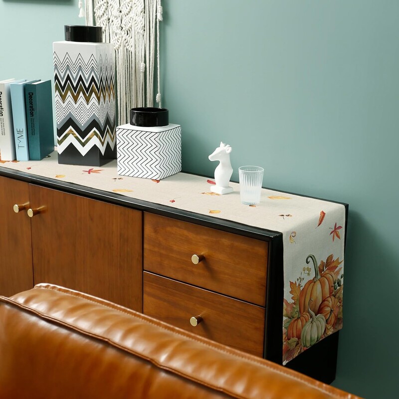 Rudens moliūgų klevo lapų lininiai stalo bėgikai Sezoniniai nukritę lapai komodos skara Stalo dekoras Šventinis vakarėlis valgomojo stalo dekoras