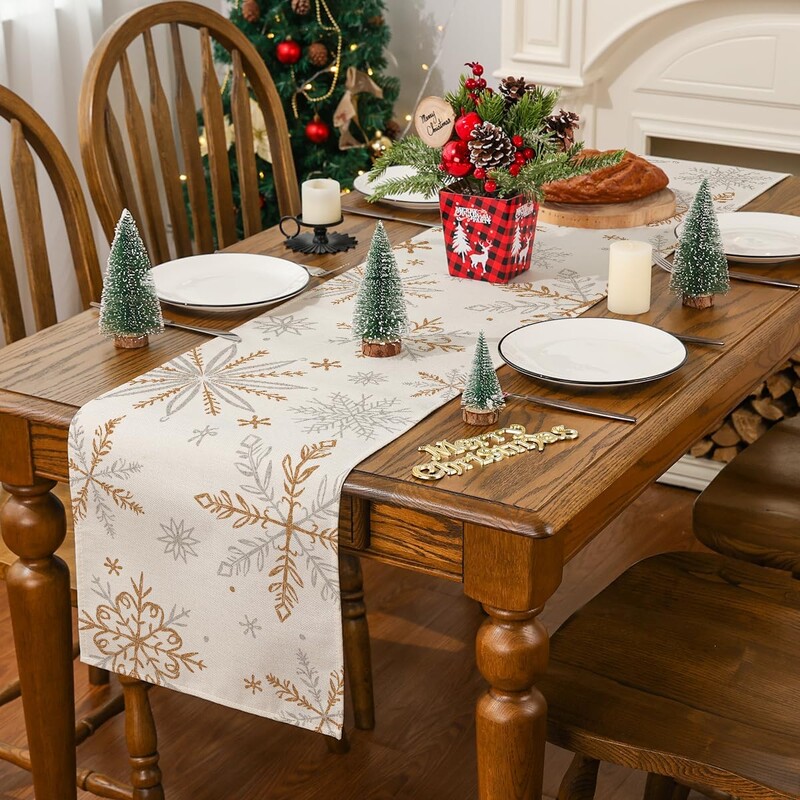 Božićna snježna pahuljica Laneni stolni klizač Šal za višekratnu upotrebu Zimski praznici Kuhinjski stol za blagovanje Navidad Decorations