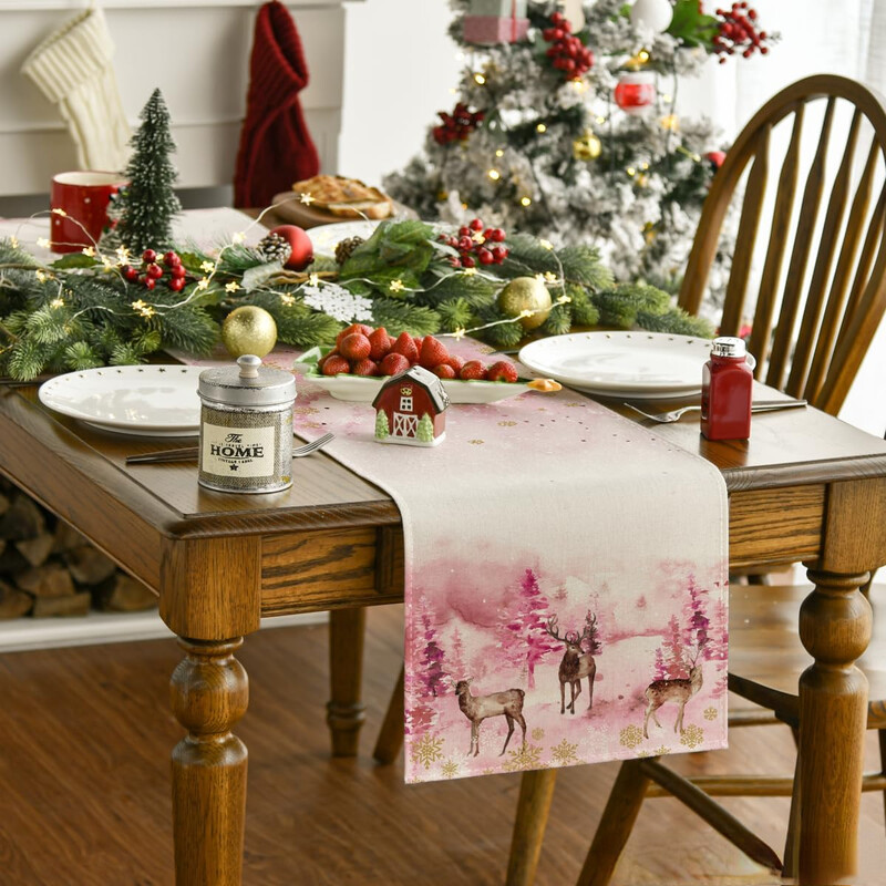 Акварел Елени Дървета Снежинки Коледна маса Runner Winter Xmas Holiday Кухня Декорация на маса за хранене Home Party Decor