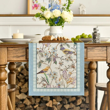 Blue Birds Flowers Blossom Lenn Table Runners Διακόσμηση γάμου ανθεκτική κουζίνα Τραπεζαρία σπιτιού Runners Διακοσμήσεις πάρτι