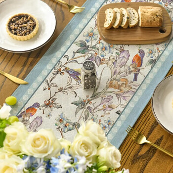 Blue Birds Flowers Blossom Lenn Table Runners Διακόσμηση γάμου ανθεκτική κουζίνα Τραπεζαρία σπιτιού Runners Διακοσμήσεις πάρτι