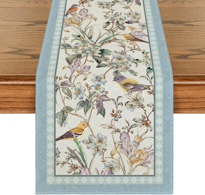 Blue Birds Flowers Blossom Linen Пътеки за маса Сватбена украса Издръжлива кухня Пътеки за домашна маса за хранене Парти декорации