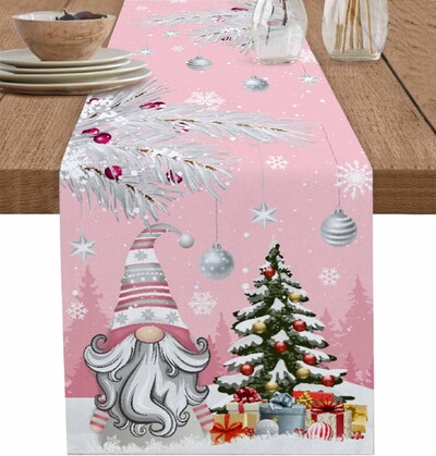 Gnomi albaștri de Crăciun Alergări de masă din in, iarnă, copac de Crăciun, aleargă de masă cu fulgi de zăpadă, comodă, eșarfă, decorațiuni pentru bucătărie