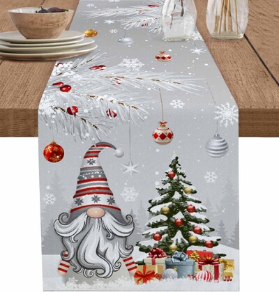 Gnomi albaștri de Crăciun Alergări de masă din in, iarnă, copac de Crăciun, aleargă de masă cu fulgi de zăpadă, comodă, eșarfă, decorațiuni pentru bucătărie