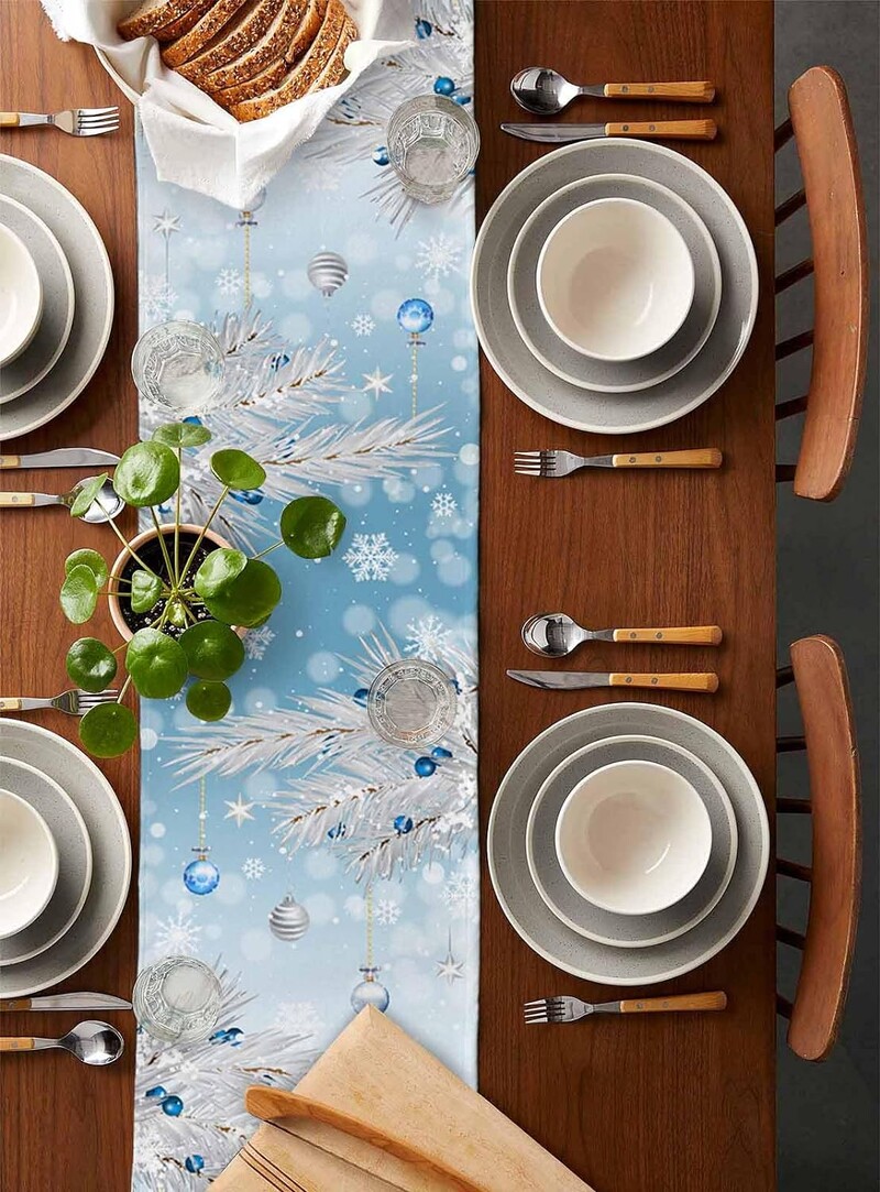 Gnomi albaștri de Crăciun Alergări de masă din in, iarnă, copac de Crăciun, aleargă de masă cu fulgi de zăpadă, comodă, eșarfă, decorațiuni pentru bucătărie