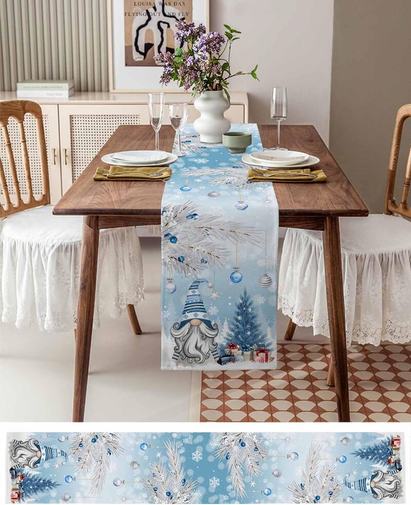 Gnomi albaștri de Crăciun Alergări de masă din in, iarnă, copac de Crăciun, aleargă de masă cu fulgi de zăpadă, comodă, eșarfă, decorațiuni pentru bucătărie