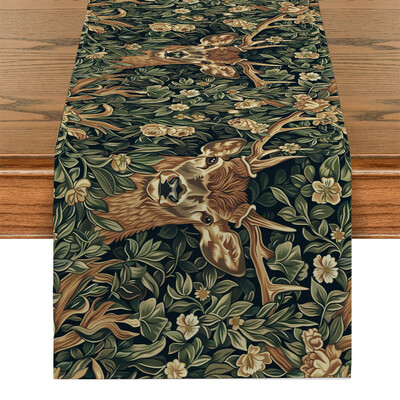 William Morris Plant Deer Fox Пътека за маса Полиестер Пътеки за маса за трапезария Cottagecore Полиестерна маса