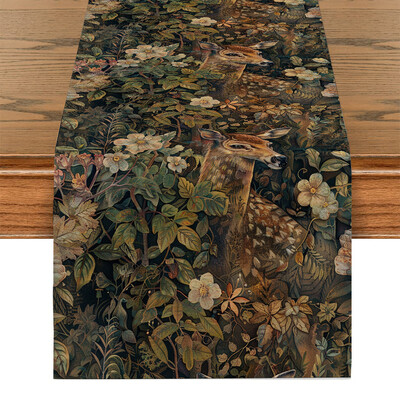 William Morris Plant Deer Fox Пътека за маса Полиестер Пътеки за маса за трапезария Cottagecore Полиестерна маса