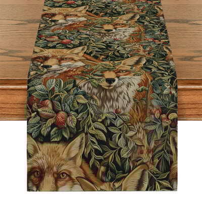 William Morris Plant Deer Fox Пътека за маса Полиестер Пътеки за маса за трапезария Cottagecore Полиестерна маса