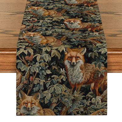 William Morris Plant Deer Fox Пътека за маса Полиестер Пътеки за маса за трапезария Cottagecore Полиестерна маса