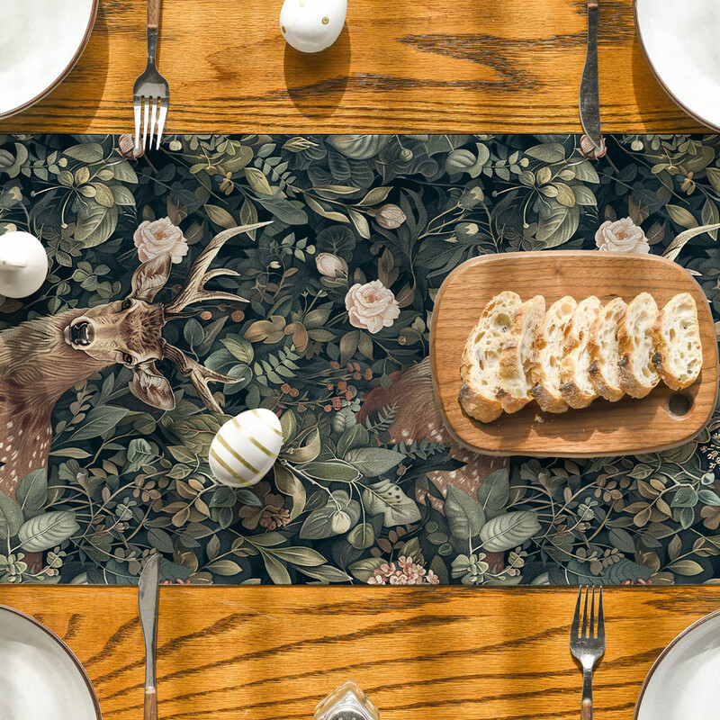 William Morris Plant Deer Fox Пътека за маса Полиестер Пътеки за маса за трапезария Cottagecore Полиестерна маса