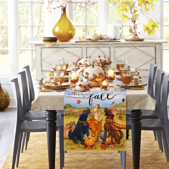 Φθινοπωρινό Dog Pumpkin Maple Leaves Linen Table Runners Φουλάρι Φθινοπωρινής ημέρας των Ευχαριστιών για Διακοσμητικό τραπέζι τραπεζαρίας για πάρτι κουζίνας διακοπών