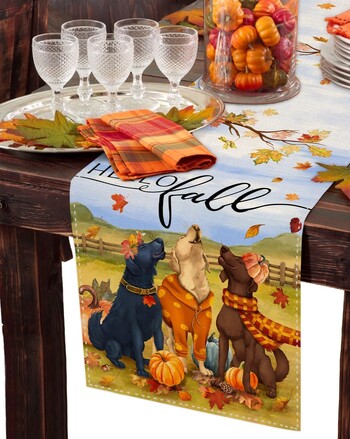 Φθινοπωρινό Dog Pumpkin Maple Leaves Linen Table Runners Φουλάρι Φθινοπωρινής ημέρας των Ευχαριστιών για Διακοσμητικό τραπέζι τραπεζαρίας για πάρτι κουζίνας διακοπών