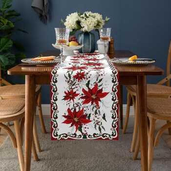 Christmas Poinsettia Flower Berry Lenn Table Runner Dresser Κασκόλ Χειμώνας Xmas Kitchen Table Runner Navidad Decorations 2025