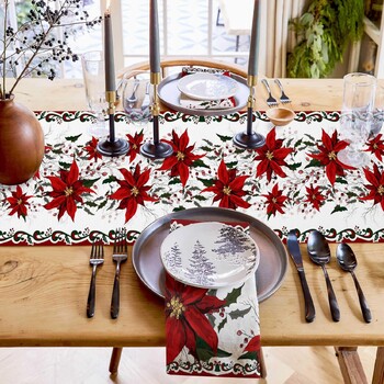 Christmas Poinsettia Flower Berry Lenn Table Runner Dresser Κασκόλ Χειμώνας Xmas Kitchen Table Runner Navidad Decorations 2025