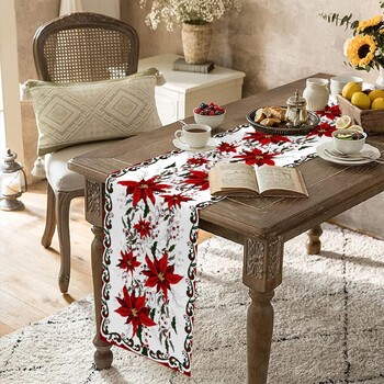 Christmas Poinsettia Flower Berry Lenn Table Runner Dresser Κασκόλ Χειμώνας Xmas Kitchen Table Runner Navidad Decorations 2025