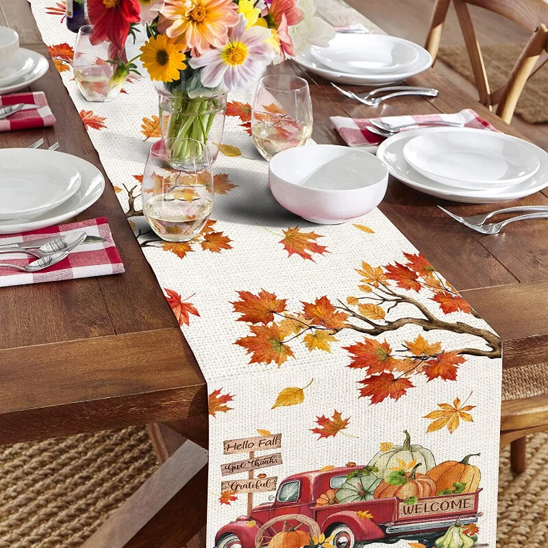 Oranžinio klevo lapo rudeninis skalbinių stalo bėgikas Fall Farmhouse sunkvežimių komoda Šalikas Stalo dekoras Vestuvių vakarėlio valgomojo stalo dekoravimas