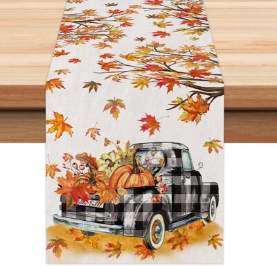 Jesen Dan zahvalnosti Maple Leaf Pumpkin Buffalo Karirani Kamion Lanena Staza za stol Jesenski praznični ukrasi za zabavu Dekoracije za Dan zahvalnosti