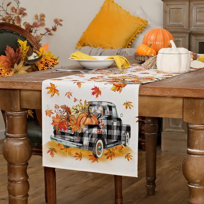 Jesen Dan zahvalnosti Maple Leaf Pumpkin Buffalo Karirani Kamion Lanena Staza za stol Jesenski praznični ukrasi za zabavu Dekoracije za Dan zahvalnosti