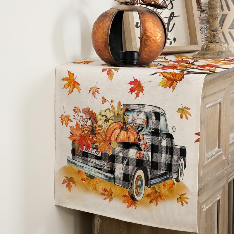 Jesen Dan zahvalnosti Maple Leaf Pumpkin Buffalo Karirani Kamion Lanena Staza za stol Jesenski praznični ukrasi za zabavu Dekoracije za Dan zahvalnosti